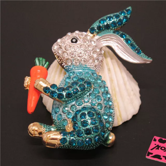 New Blue Cute Rabbit Carrot Rhinestone Crystal Fashion Women Charm Brooch Pin