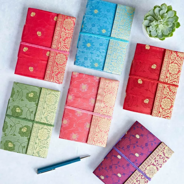 Sari Fabric Pocket Notebook Diary, 6 Colours, 11cm x 16cm Unlined Recycled Paper