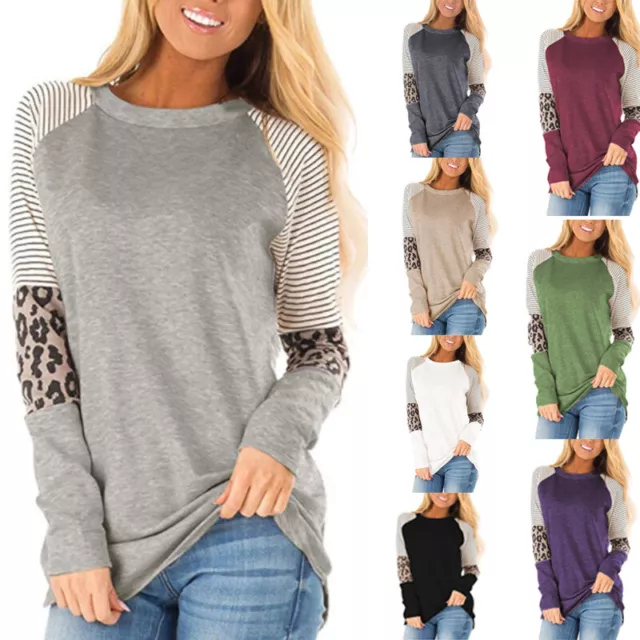 Womens Loose Round Neck Long Sleeve Pullover Casual Patchwork T Shirt Tunic Tops