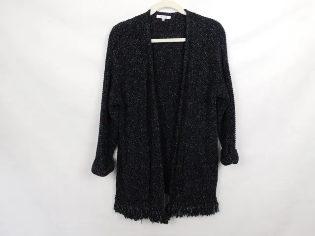 Madewell Sweater Womens Small Cardigan Black 3/4 Sleeve Knit Fringe Trim Cotton