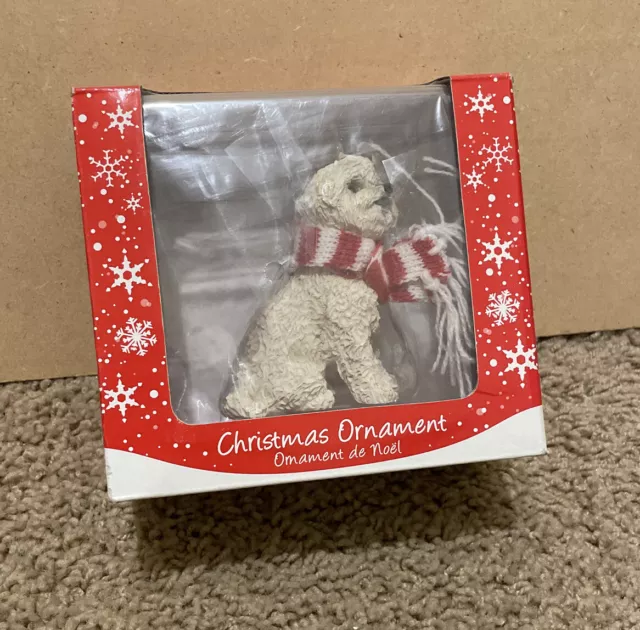 NIB Sandicast Bichon White Dog with Scarf Christmas Ornament