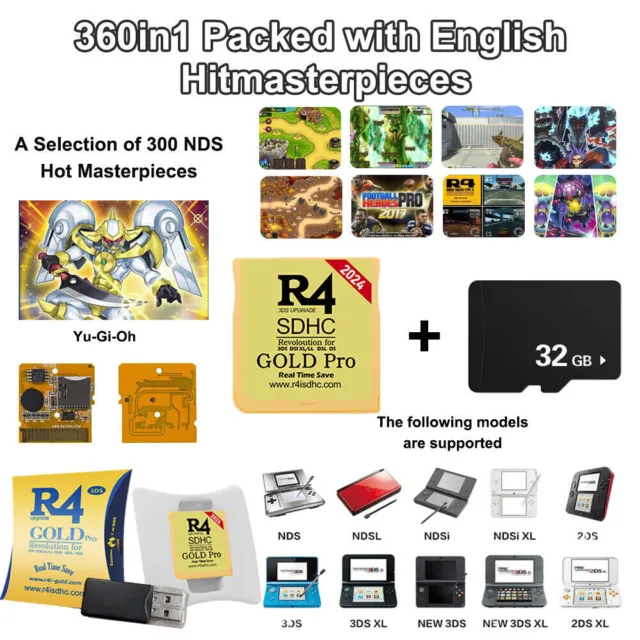 2024 R4 Gold Pro SDHC for DS/3DS/2DS/ Revolution Cartridge 32GB 300+ Games NEW