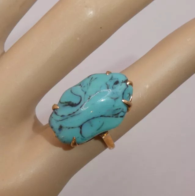 Vintage Estate 18K Yellow Gold Turquoise Nugget Ring Size 4 Unusual Freeform 5g