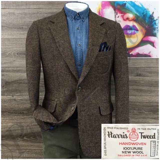 Vintage Harris Tweed Mens Blazer Sport Coat Casual Jacket Size 40R Wool Suit USA