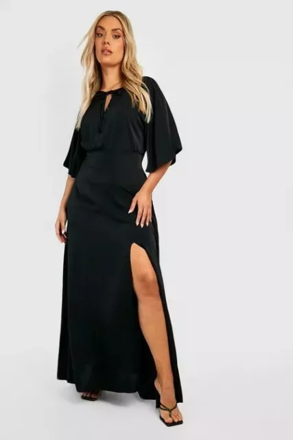 Boohoo  "Black plus size premium satin angel sleeve maxi dress"