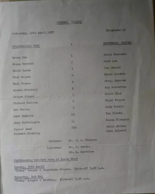 HUDDERSFIELD TOWN RESERVES v ROTHERHAM UNITED RESERVES 1986-87 CENTRAL LEAGUE