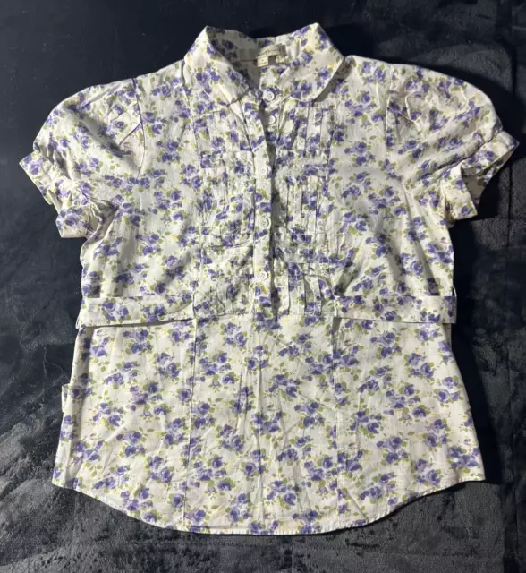 Twenty One Womens White Purple Floral Top Blouse Size Small Tie Back Cap Sleeves