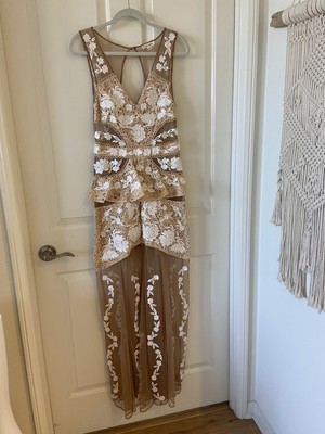 For Love and Lemons Nude/Ivory White Maxi Dress Mesh Illusion Long Gown Medium