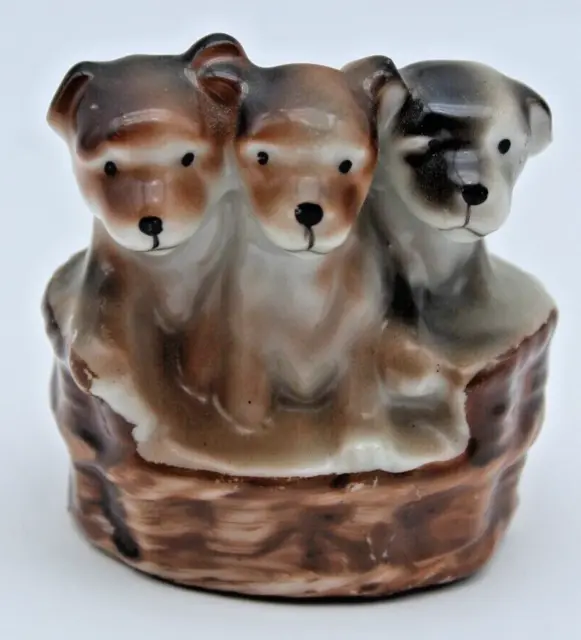 RARE Porcelain Puppies in Basket Ceramic Figurine OCCUPIED JAPAN Dogs Vintage