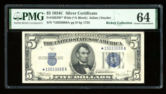 DBR $5 1934-C Silver STAR Fr. 1653W* Wide PMG 64 Serial *15033088A
