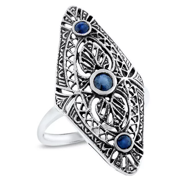 Art Deco Style Genuine Sapphire 925 Sterling Silver Classic Design Ring    #1063