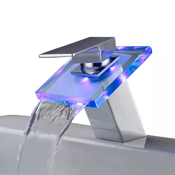 Iluminado Cristal LED Grifo Agua Grifería Cuarto de Baño Cascada Lavabo