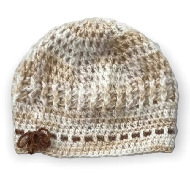 New Handmade Crocheted Girls Cream, Beige & Brown Winter Beanie Hat
