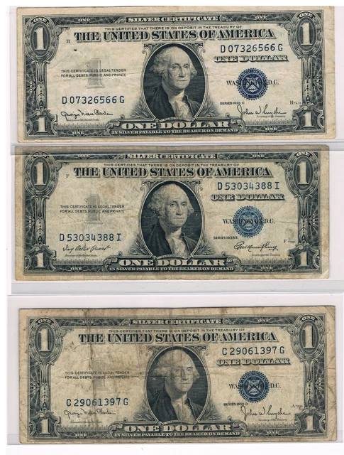Lot of Three 1935 One Dollar Bills, Blue Seal,Circulated, Hard To Find, Nice!!