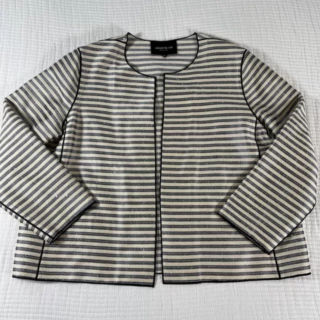 Lafayette 148 Jacket Womens XL Black Cream Stripe Sequin Blazer Open Evening