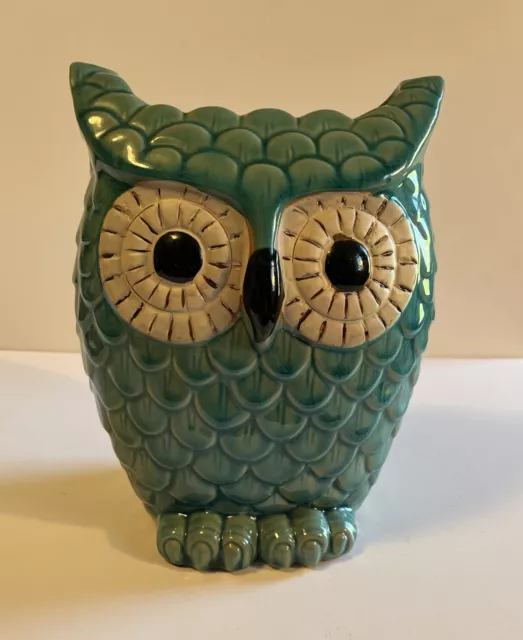 Ceramic Pottery Teal Brown Owl Figurine Vase 9"x7” Utensil Holder