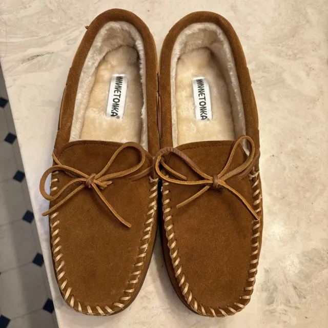 minnetonka men's pile lined hardsole brown suede moccasins size 13 New