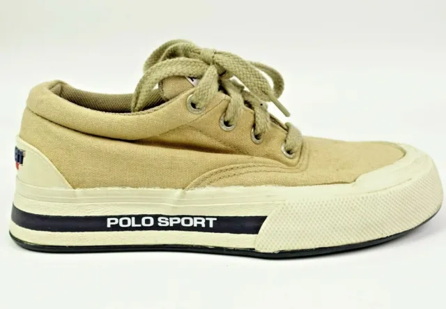 Vintage 90s Polo Sport Ralph Lauren Sneakers Shoes Sz 6.5 Canvas Tan Spellout  D