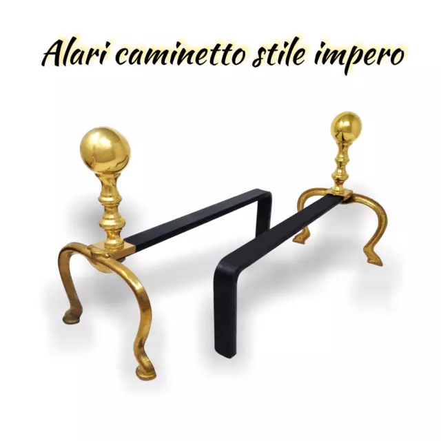 Coppia ALARI PER CAMINO CAMINETTO Ottone Lucido stile 900 impero