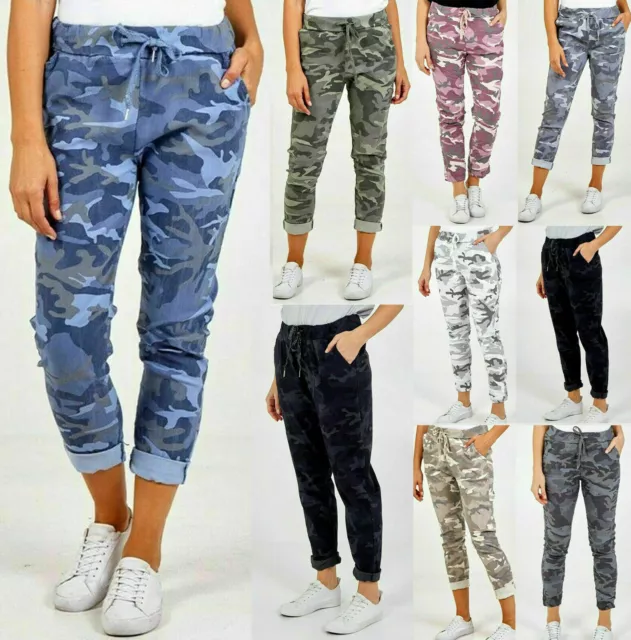 Ladies Womens Italian Stretch Camouflage Army Print Trousers Magic Joggers UK