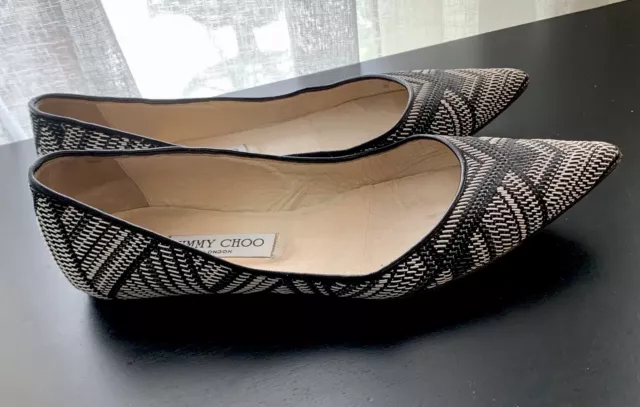 JIMMY CHOO Alina Women’s Pointed Toe Ballet Shoes Size 7.5-8 Woven Black & White