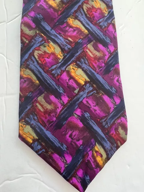 J Garcia Tan Silk Neck Tie Purple Watercolor Abstract