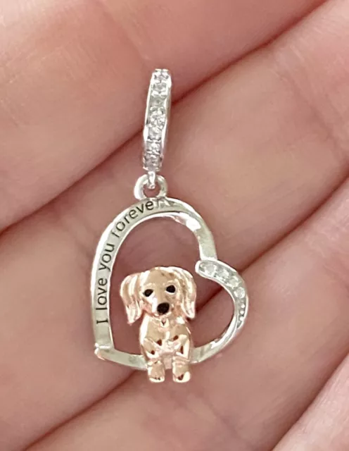 Dachshund Dog Charm Love You Forever 925 Sterling Silver Sausage Dog Gift