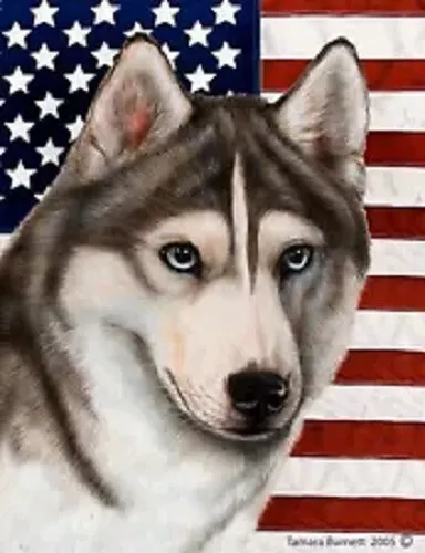 Patriotic (D2) House Flag - Blue-Eyed Grey and White Siberian Husky 32435
