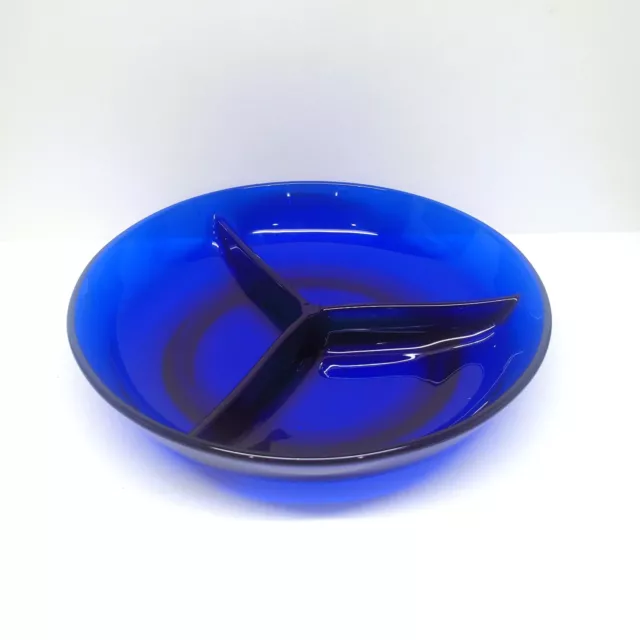 Cobalt Blue Glass Divided Dish 3 Compartment Relish Nut Candy Bowl Vintage 7.25"