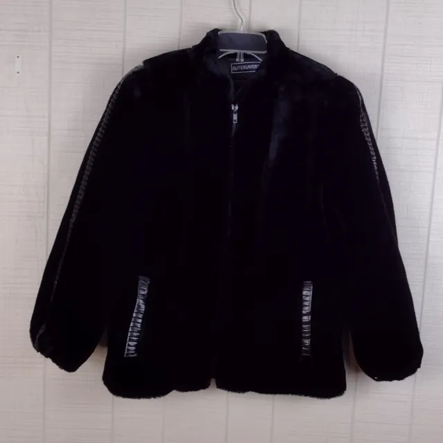VINTAGE 80S BLACK Faux Fur Jacket Coat Large Zip Front Faux Leather ...