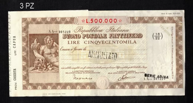 BUONO  POSTALE FRUTTIFERO da  LIRE 500.000  CINQUECENTOMILA LIRE