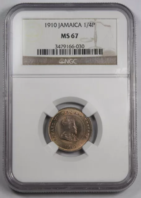 Jamaica 1910 1/4 Penny Farthing Copper-Nickel Coin NGC MS67 GEM KM#21 Edward VII