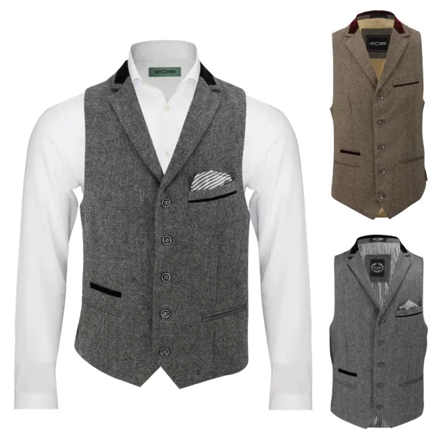 Mens New Brown Grey Fitted Waistcoat Velvet Collar Herringbone Tweed Casual Vest