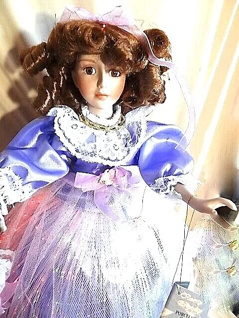 Porcelain Doll with Fiber Optic Skirt - Purple Satin Dress with AC Adapter, NIB