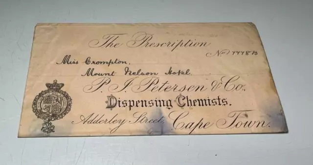 19th Century Pharmacy Prescription Envelope Peterson & Co Cape Town