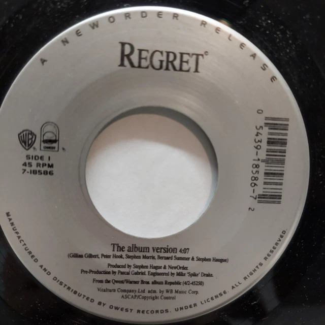 NEWORDER, REGRET, (ALBUM Version and NewOrder Mix), 7" 45rpm Vinyl, VG+