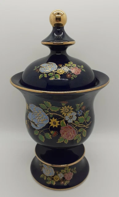 Vase Couvert Sur Piédouche Porcelaine Italie Fiorentine Fait Main Bleu Fleurs