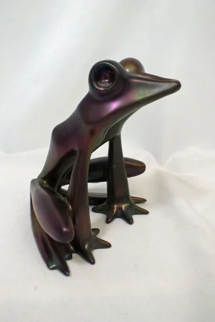 Large ZSOLNAY Purple Bronze Iridescent EOSIN GLAZED Ceramic FROG BY JUDIT NÁDOR