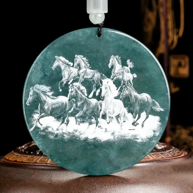 Natural Grade A Jade Jadeite Lucky Men Women Carved Horse Round Pendant