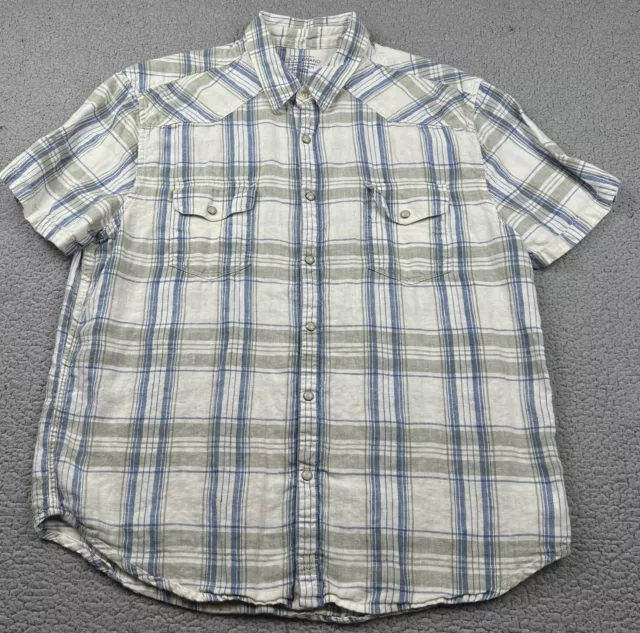 Lucky Brand %100 Linen Shirt Mens XL White Blue Plaid Pearl Snap California Fit