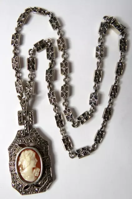 Vintage Ladies Sterling Silver Cameo Marcasite Stones Chain Pendant Necklace 16"