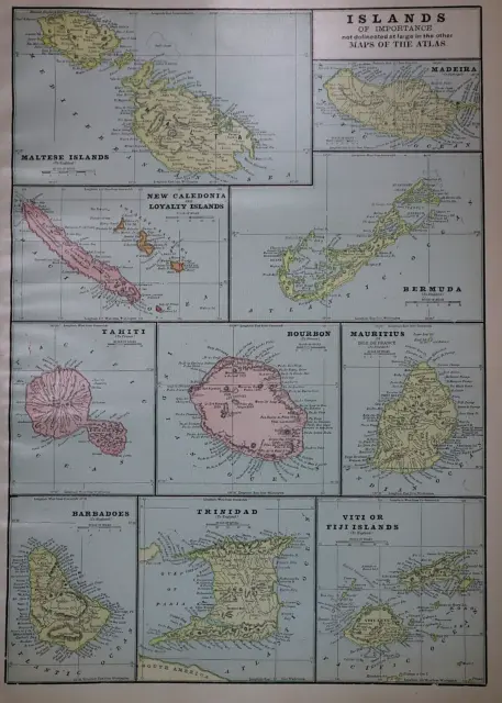Old 1902 Cram Atlas Map ~ WORLD ISLANDS of IMPORTANCE ~ (LG13x18) #1379