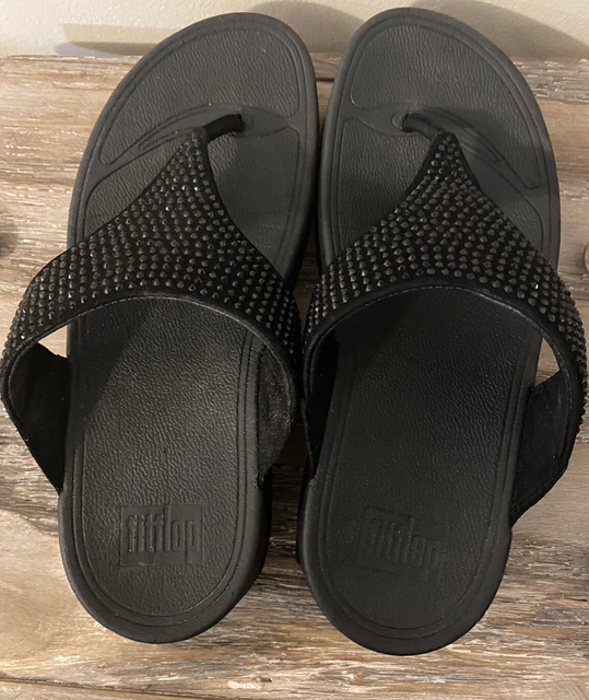 FITFLOP Womens Black Rokkit Thong Flip Flops Sandals Suede Rhinestone 301122 Sz7 3