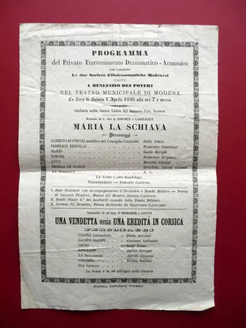 Locandina Teatro Comunale Modena Maria La Schiava Vincenzi 1848 Musica