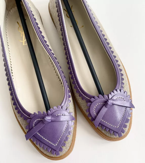 YSL Yves Saint Laurent Flats Shoes Baila Love Purple Heart Beige Canvas 39.5