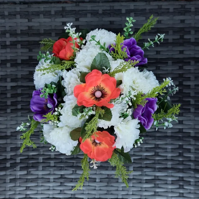 Orange Purple Anemone & Cream Carnation | Artificial Flower Pot | Grave/Memorial