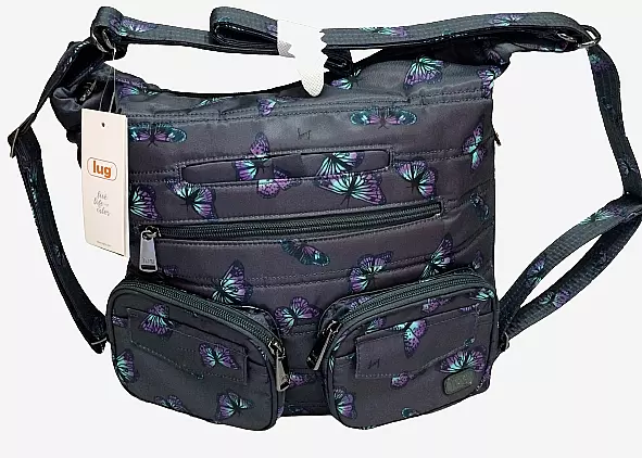 LUG Zipliner NWT Womens Large Gray Butterfly Print Crossbody Bag