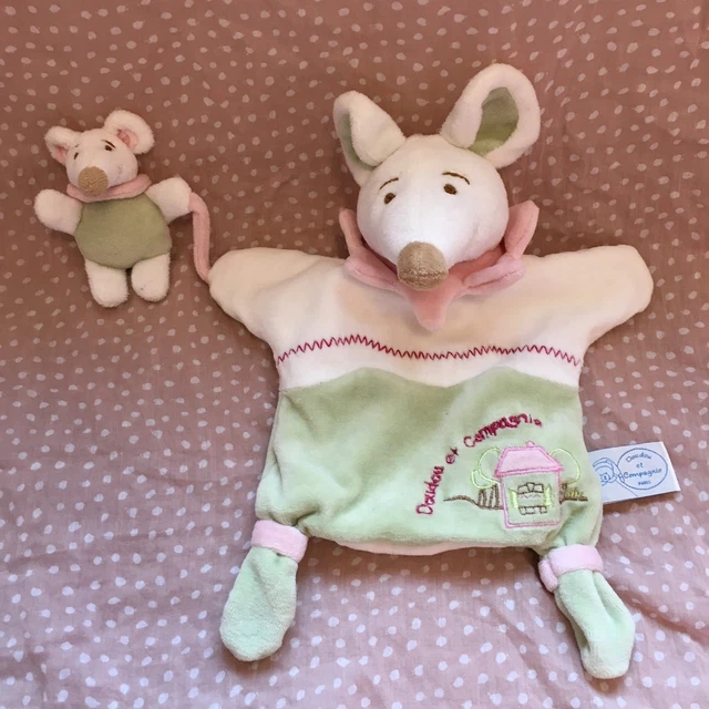 Doudou Et Compagnie Plat Marionnette Souris Milie Avec Bébé Vert Rose Blanc