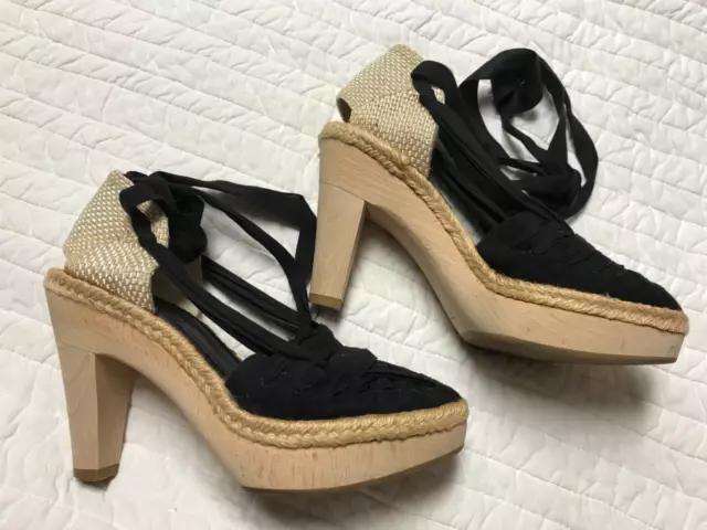 Stella McCartney Black/Tan Wood Sole Platform Espadrilles Ribbon Ankle Ties 37