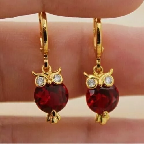 4Ct Round Lab-Created Red Garnet Drop Dangle Owl Earrings 14K Yellow Gold Plated